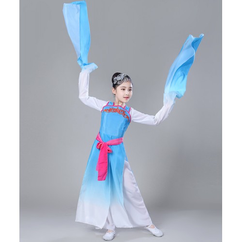 Girls chinese folk dance costumes water fall sleeves pink blue  ancient traditional yangko fairy drama cosplay robes dresses